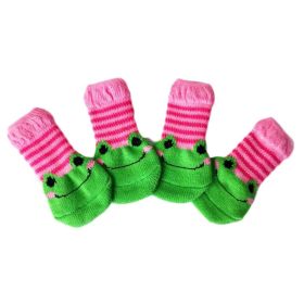 4-Pack Pink & Green Frog Knit Pet Socks – Scratch & Dirt-Resistant Foot Covers for Cats, Puppies, Corgis & Small Dogs  Cute & Comfy Paw Protection